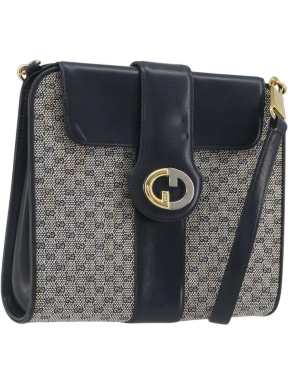 GUCCI Micro GG Canvas Shoulder Bag Navy Gold Tone